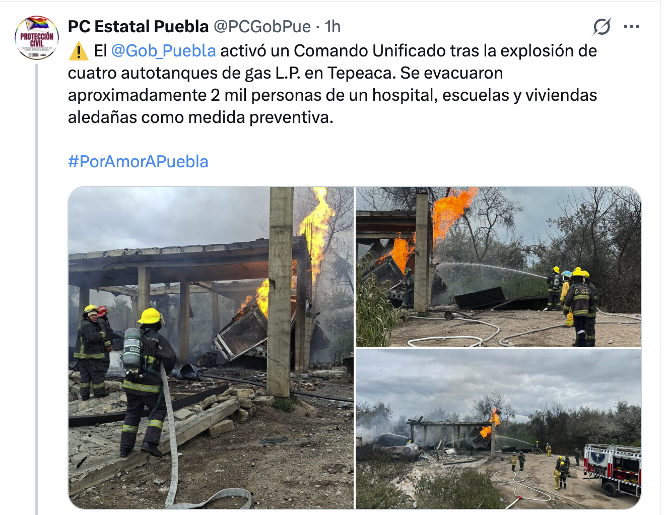 Explosión de cuatro pipas en Tepeaca moviliza a autoridades y evacúa a dos mil personas