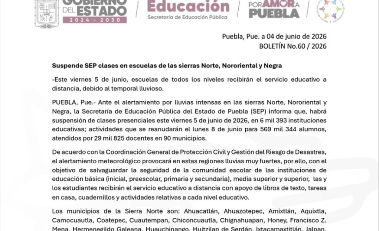 Suspensión de clases en 90 municipios de Puebla por lluvias intensas este 5 de junio