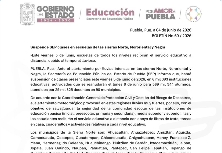 Suspensión de clases en 90 municipios de Puebla por lluvias intensas este 5 de junio